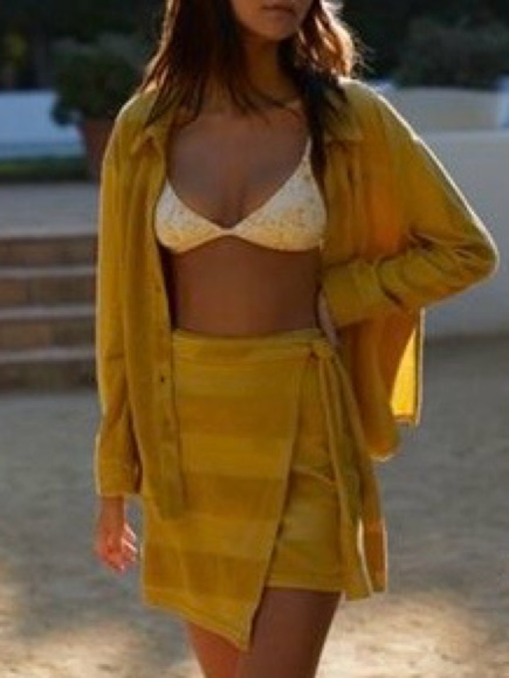 Free People Striped Mustard Yellow Terry Set shirt and wrap skirt